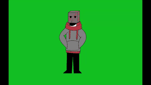 a cartoon character with a cardboard box on his head and a hoodie on a green screen .