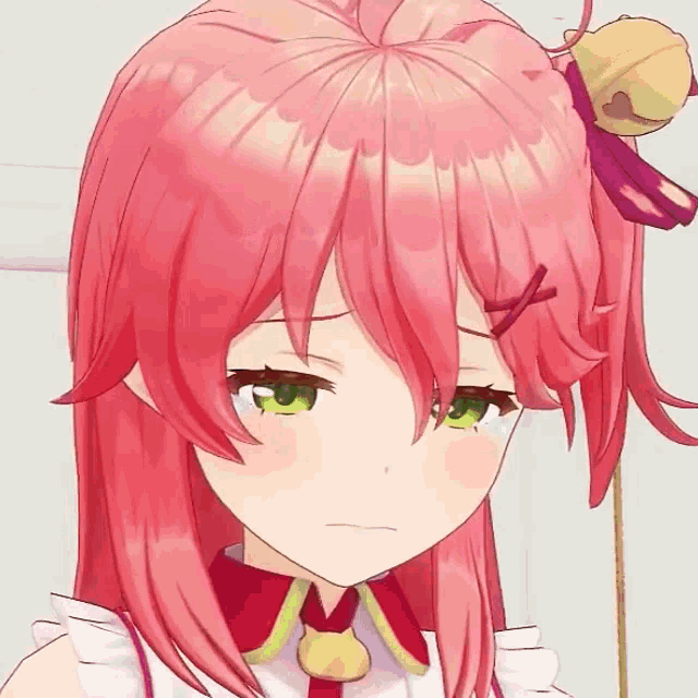 a close up of a pink haired anime character
