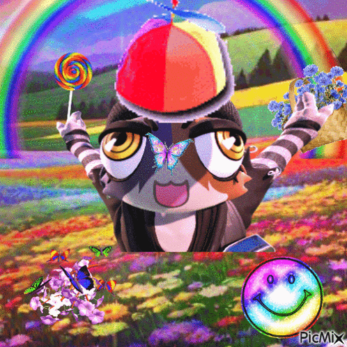 a picture of a cat holding a lollipop with a smiley face in the corner