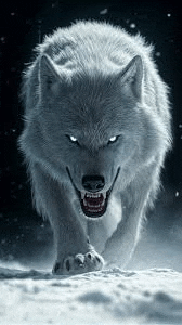 a white wolf is walking in the snow with its mouth open and looking at the camera .