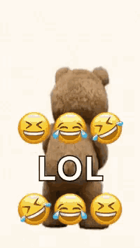 a teddy bear is surrounded by laughing emojis and the word lol