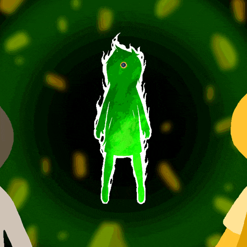 a cartoon drawing of a green frog with a yellow eye