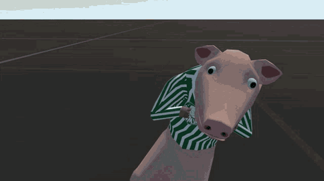 a cartoon pig is wearing a green and white striped shirt with the letter s on it