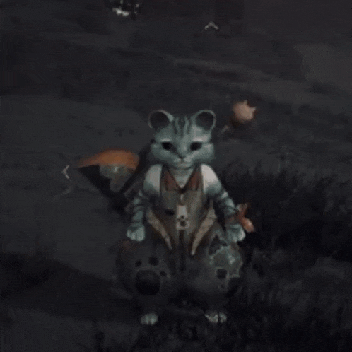 a cat is sitting on a rock in a video game and holding a sword .