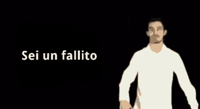a man in a white shirt is standing in front of a black background and says `` sei un fallito '' .