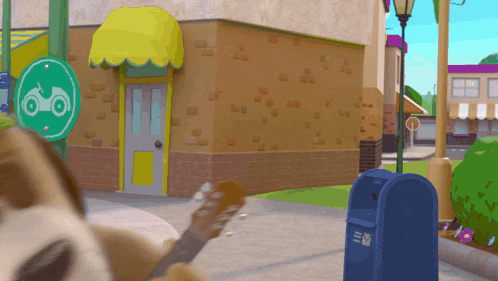 a dog playing a guitar next to a mailbox
