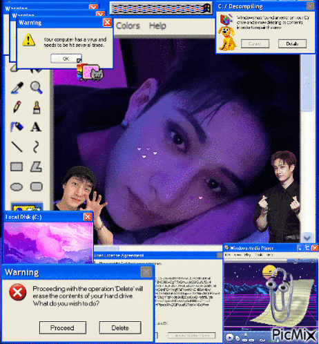 a computer screen shows a woman laying down and a man giving thumbs up