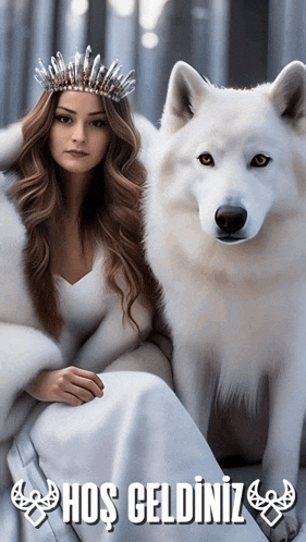 a woman wearing a crown sits next to a white wolf with the words hos geldiniz below her