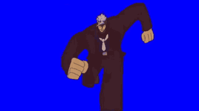 a cartoon character is running with a fist in the air on a blue screen .