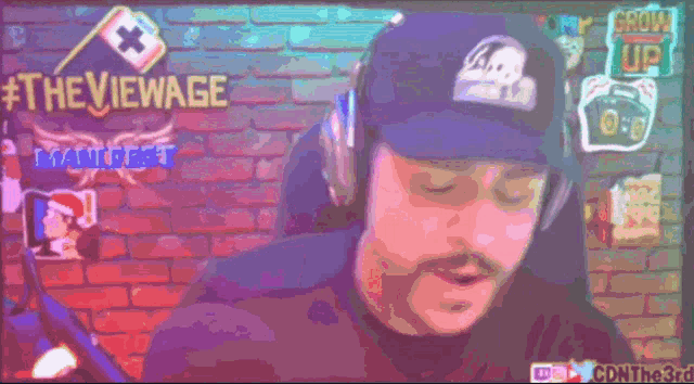 a cartoon of a man wearing a hat and headphones with #theviewage written on the bottom