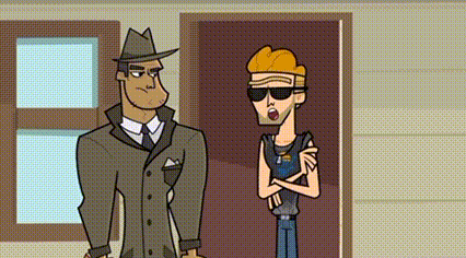 two men are standing next to each other in front of a door .
