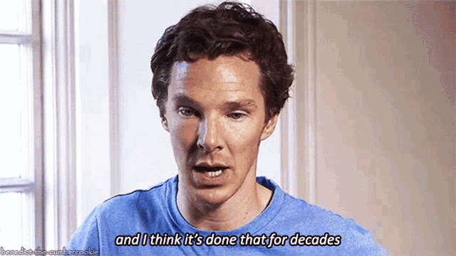 a man in a blue shirt is talking and says " and i think it 's done that for decades "