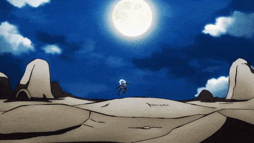 a cartoon character is jumping in the air with a full moon behind him