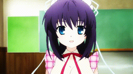 a girl with purple hair and blue eyes is wearing a pink and white checkered apron