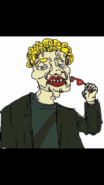 a cartoon drawing of a man with curly hair holding a pair of red glasses