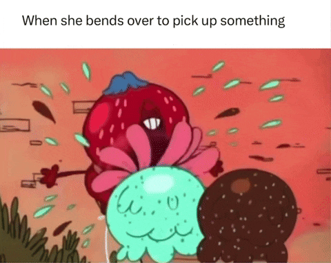 a cartoon of a strawberry and a jellyfish with the words when she bends over to pick up something