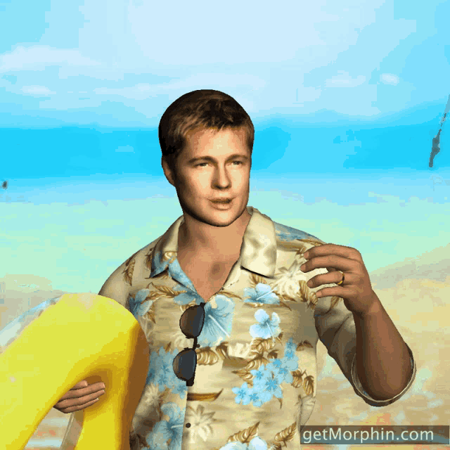 a man in a hawaiian shirt is holding a yellow life preserver with the website getmorphin.com below him