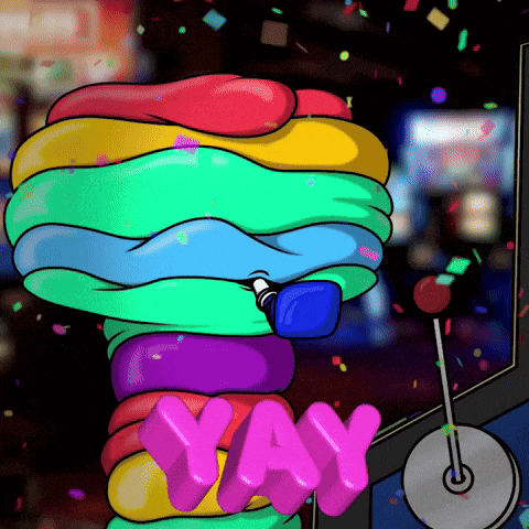 a cartoon of a rainbow colored worm with the word yay in pink