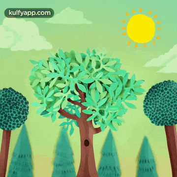 a cartoon illustration of trees and a sun with the words kulfyapp.com at the top