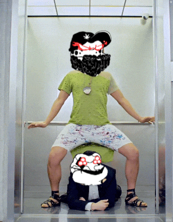 a man in a green shirt is sitting on another man 's butt