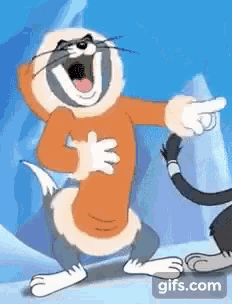 a cartoon cat is laughing and pointing at something while another cat looks on