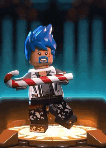 a lego man with blue hair is holding a candy cane