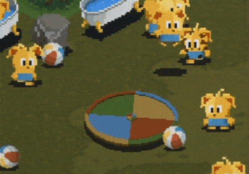 a bunch of cartoon characters are playing with balls