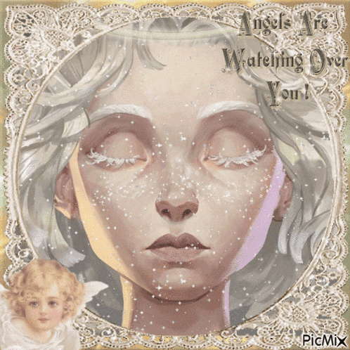 a picture of a woman 's face with the words " angels are watching over you "