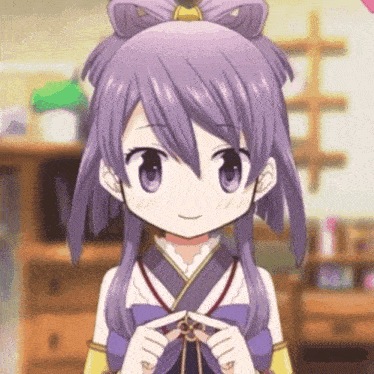 a purple haired anime girl with a bow on her head