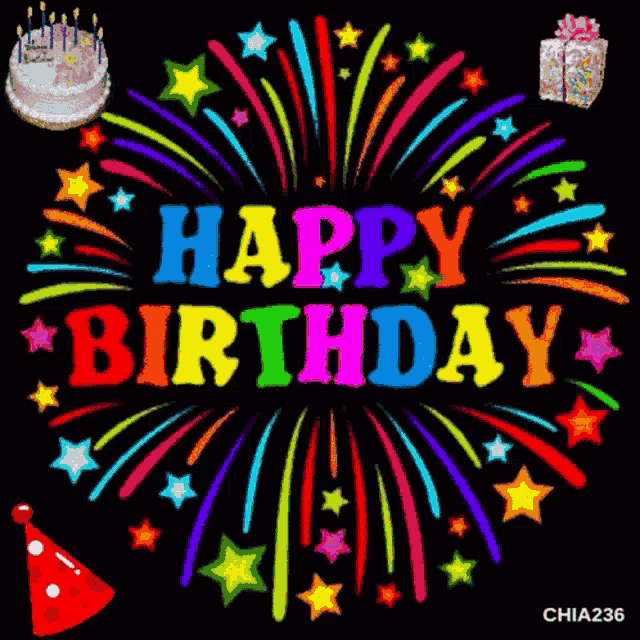 a happy birthday greeting card with fireworks and a birthday cake