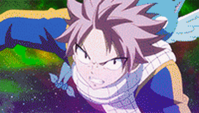 a close up of a fairy tail character with purple hair