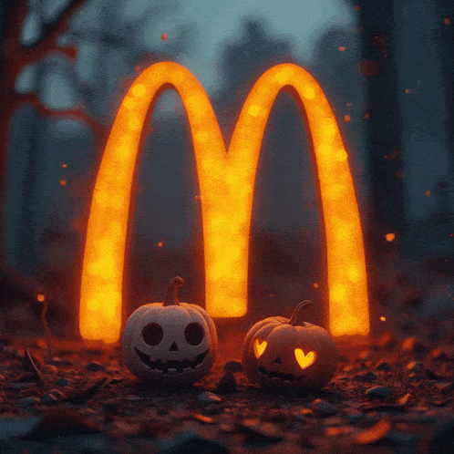 two pumpkins with faces carved into them sit in front of a mcdonald 's logo