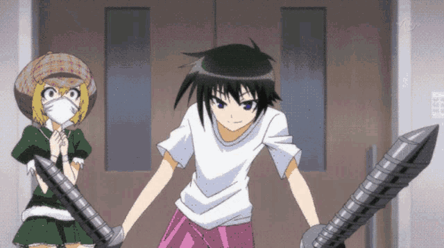 a girl wearing a mask stands next to a boy holding a pair of swords