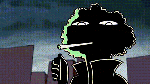 a cartoon of a man smoking a cigarette in front of buildings
