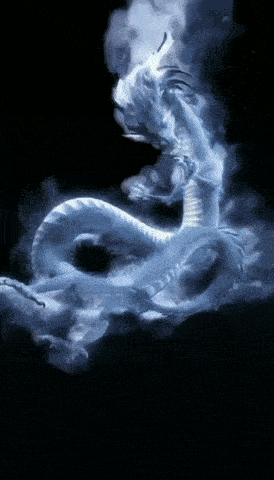 a white dragon is surrounded by clouds in a dark sky
