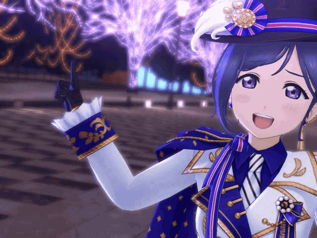 a blue haired anime girl wearing a white and blue outfit and hat