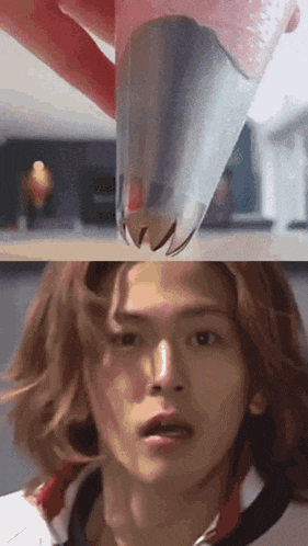 a close up of a person holding a piping nozzle and a close up of a person 's face