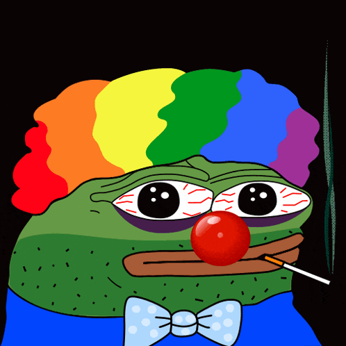 a cartoon of a green clown with a rainbow wig and a red nose