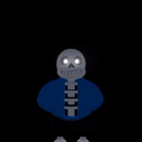 a skeleton with glowing eyes and a blue jacket is standing in the dark