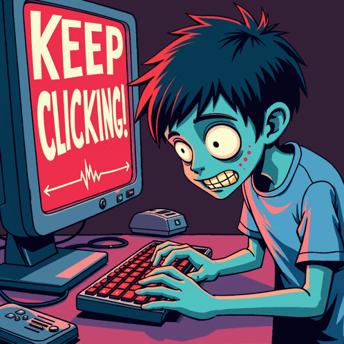 a cartoon of a boy typing on a computer with a keep clicking sign on the screen