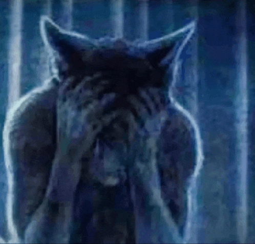 a painting of a werewolf covering his face with his hands in a dark room .