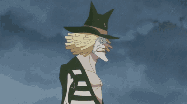 a cartoon of a man wearing a green hat and a white mask