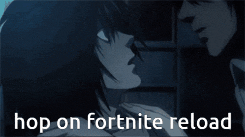 a man and woman kissing with the words hop on fortnite reload below them