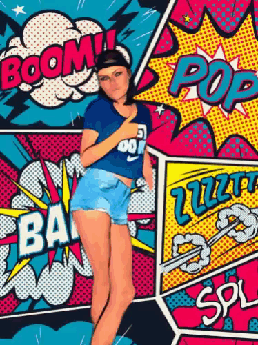 a woman is standing in front of a pop art background that says boom pop