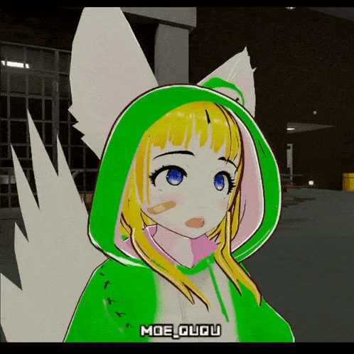 a girl with a green hoodie has moe_ougu written on the bottom