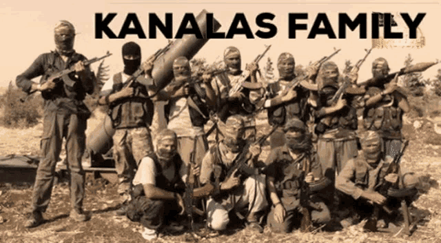 a group of soldiers are posing for a picture with the words kanalas family written above them