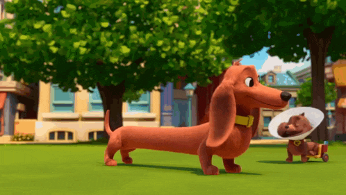 a cartoon dachshund with a cone on its head