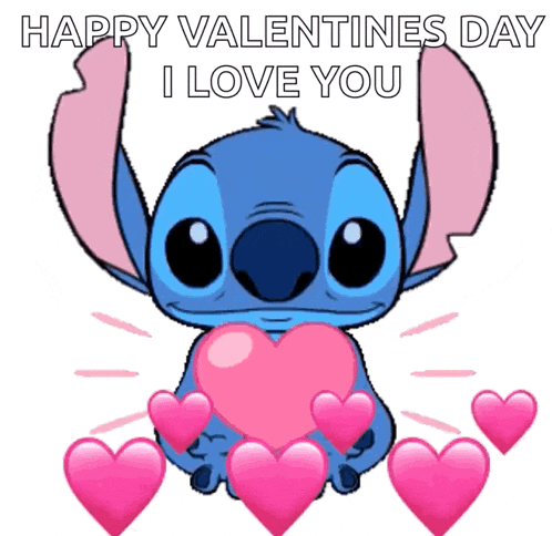 stitch is surrounded by pink hearts and says happy valentines day