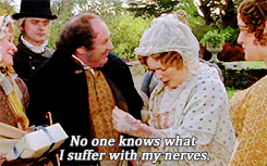 a group of people are standing around a woman who says " no one knows what i suffer with my nerves .. "