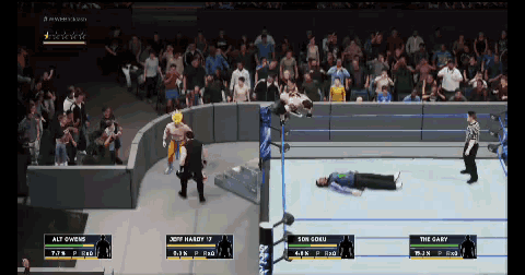 alt owens and son goku are fighting in a wrestling game